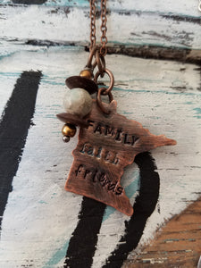 Family-faith-friends copper stamped Minnesota necklace